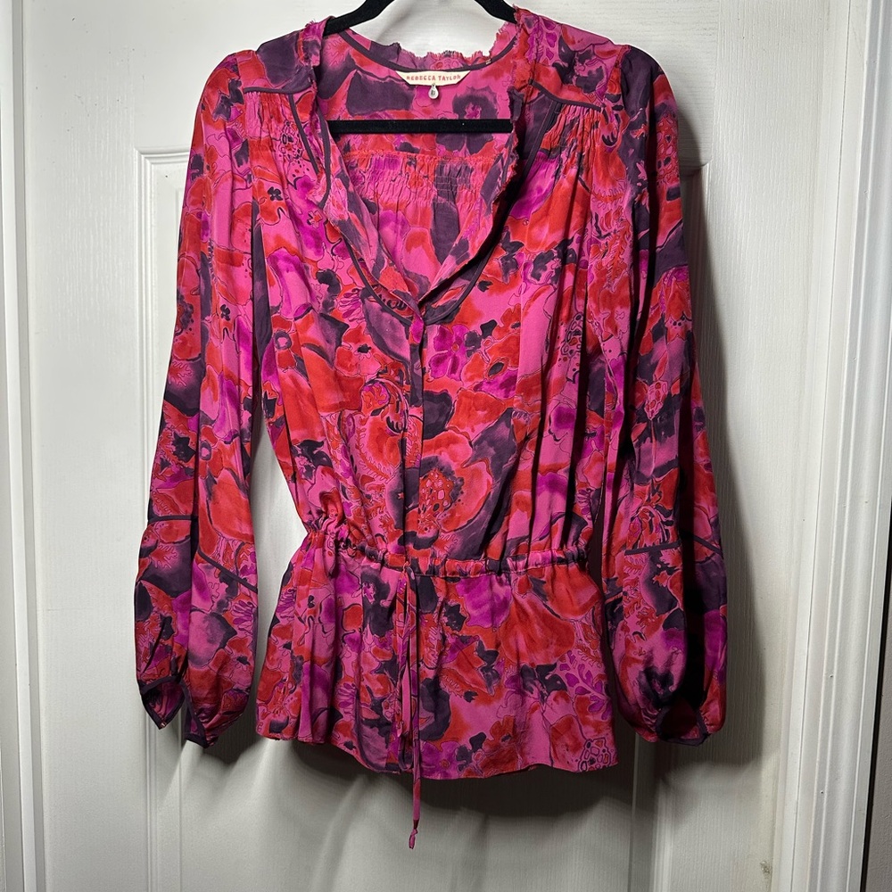 Rebecca Taylor Pink, Red, Purple Hues Floral Bubble Sleeve Silk Blouse Size 8